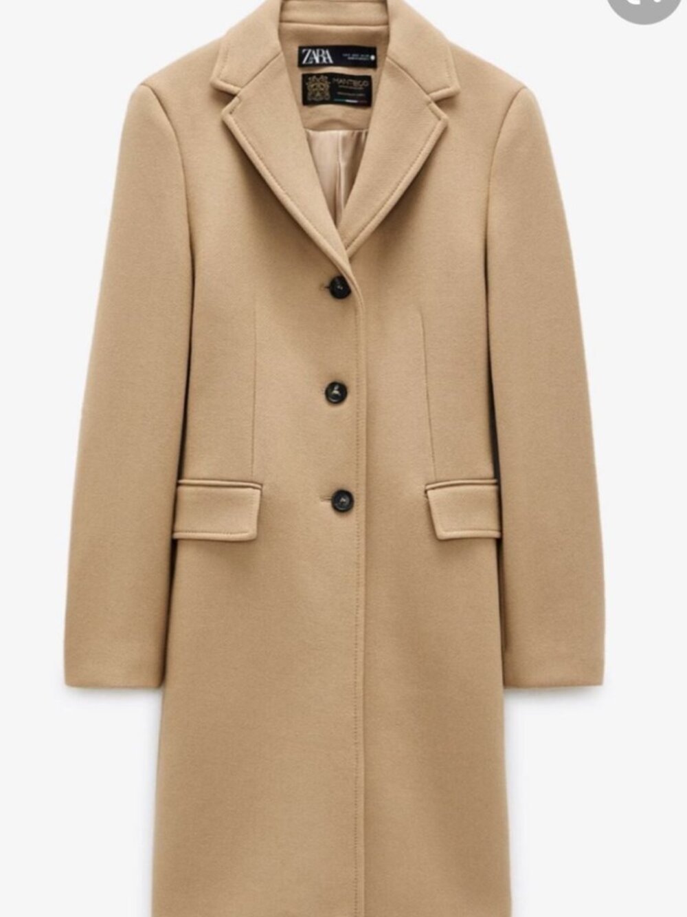 Zara Manteco Tan Camel Italian Wool Pea Coat Size Woman's Large